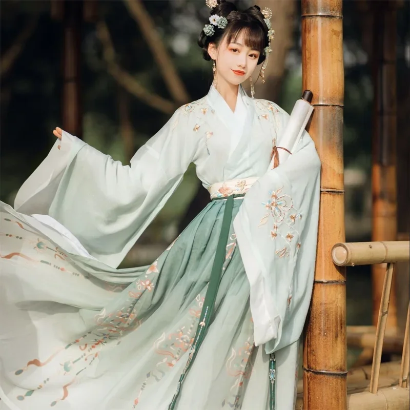 2 Barvi Original WeiJin Dinastije Ženske Hanfu Obleka Komplet Tradicionalni Kitajski Slog Širok Rokav Cvet Vezenje Starih Kostumov