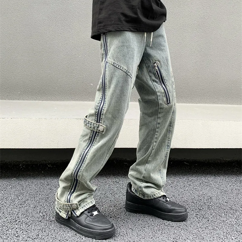 2023 Y2K Moda Strani Zadrgo Elastični Pas Vrečasta Tovora Jeans Hlače Moški Vrvico Sweatpants Moškega Jeansa Hlače Pantalon Homme