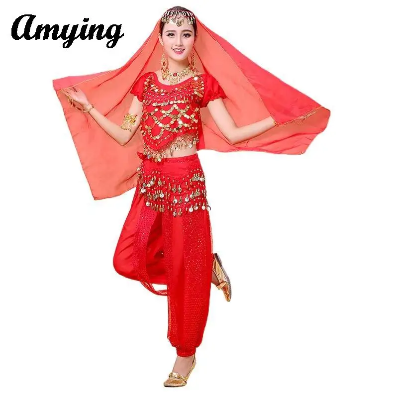 2024 Ženske Ples Trebuh Sari 3PCS Visi Zlatih Kovancev Stopnji Uspešnosti Kostum Nastavite Indijski Ples Praksi Usposabljanje Obleko Oblačila