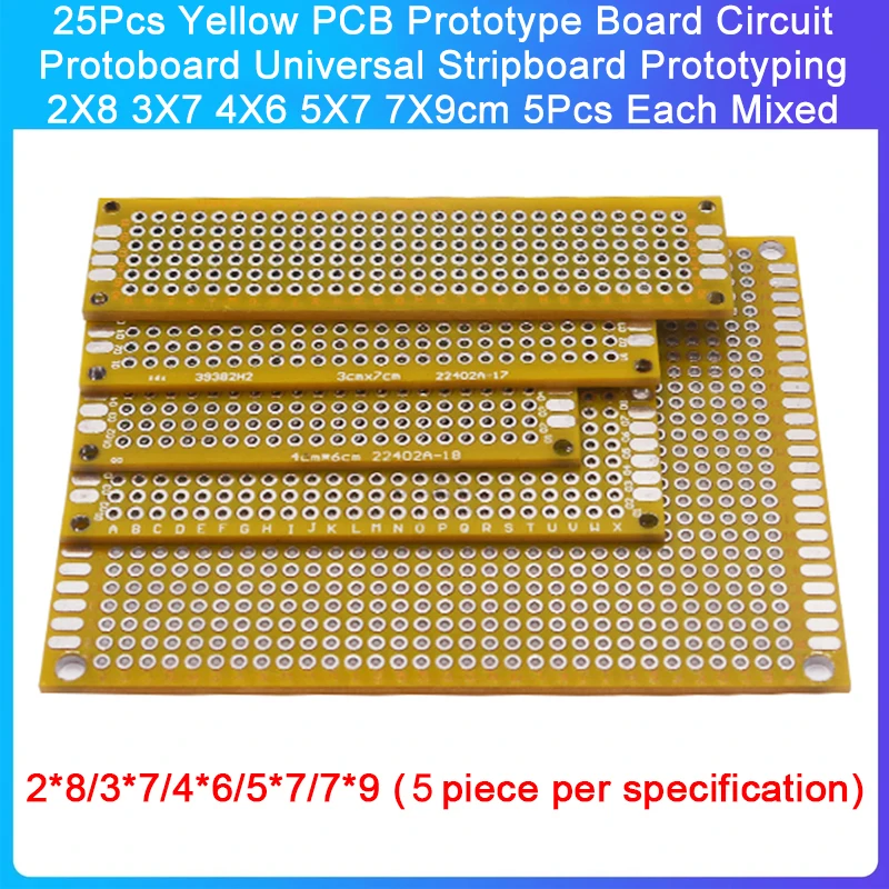 25Pcs Rumena PCB Prototip Odbor Vezja Protoboard Univerzalno Stripboard Prototipov 2X8 3X7 4X6 5X7 7X9cm 5Pcs Vsak Mešani