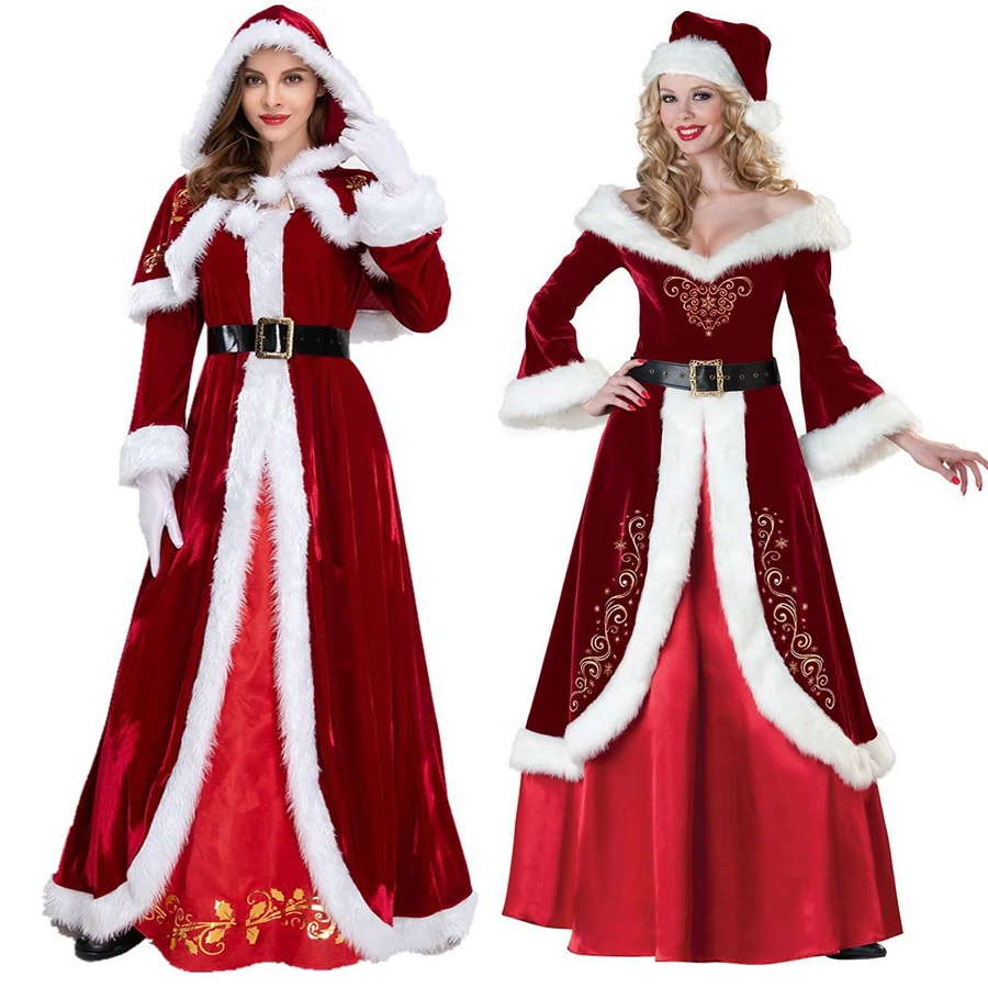 Božič Obleko Santa Claus Gospa Claus Cosplay Kostum Žamet Dolge Obleke, Ženske Pozimi Toplo Krznen Rdečo Obleko Xmas Party Obleke