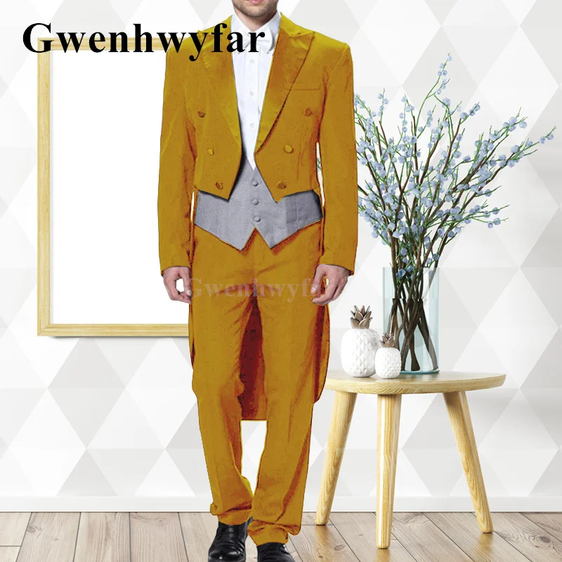 Gwenhwyfar Novo obliko Moške Dolg Plašč Jopičem Moške Lep Maturantski ples Suknjič po Meri Napredno 3 Kosov Rumeno Obleko v Kostum Homme