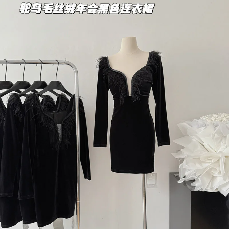 Jeseni Slim Črno Žametno Obleko Priložnostne Korejski Moda Elegantno Midi Obleka Ženska Stranka Long Sleeve Vintage Obleko Elegantna Zasnova