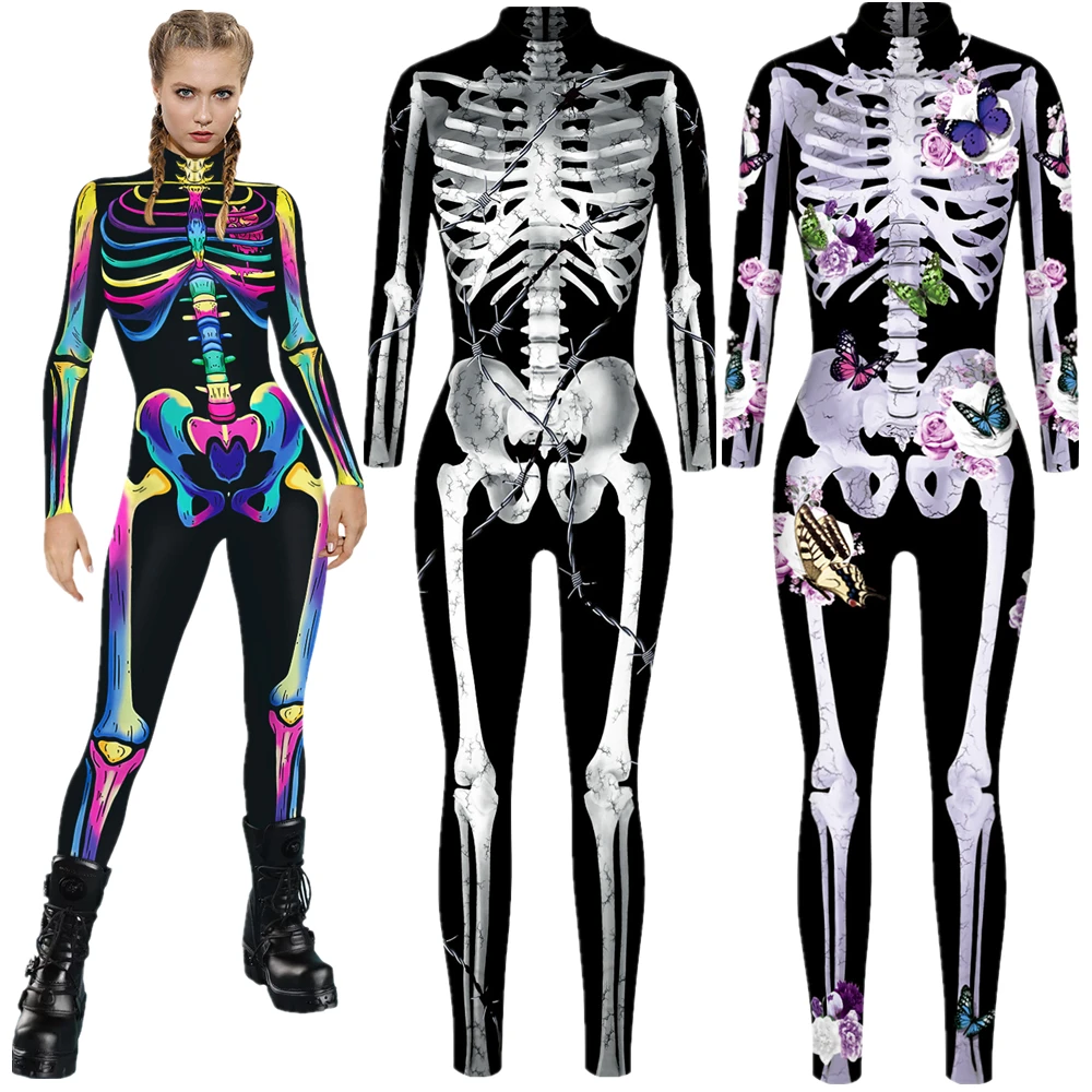 Kosti Lobanje Duh Ženske Seksi Slim Jumpsuit Catsuit Karneval Cosplay Kostume Zentai Halloween Party Obleka