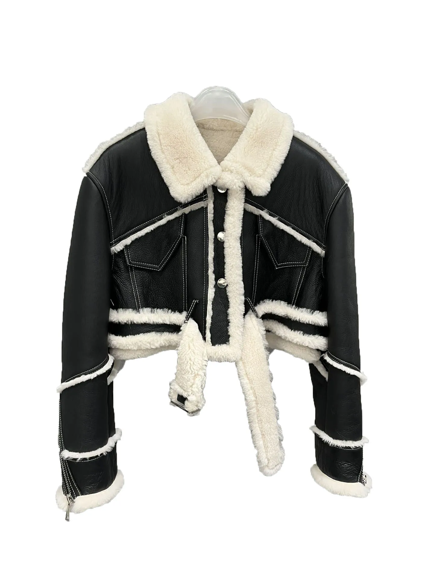 Krzno integrirano jakno plašč kratka različica različica toplo in prijetno, vsestranski moda 2024 pozimi novo 1025
