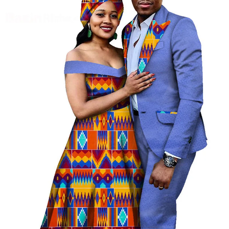 Moda Afriške Pari Ujemanje Oblačila 2024 Tla-dolžina Ženske obleke z Headwrap in Moški Jopič Sopihanje Obleke, Poroka Stranka