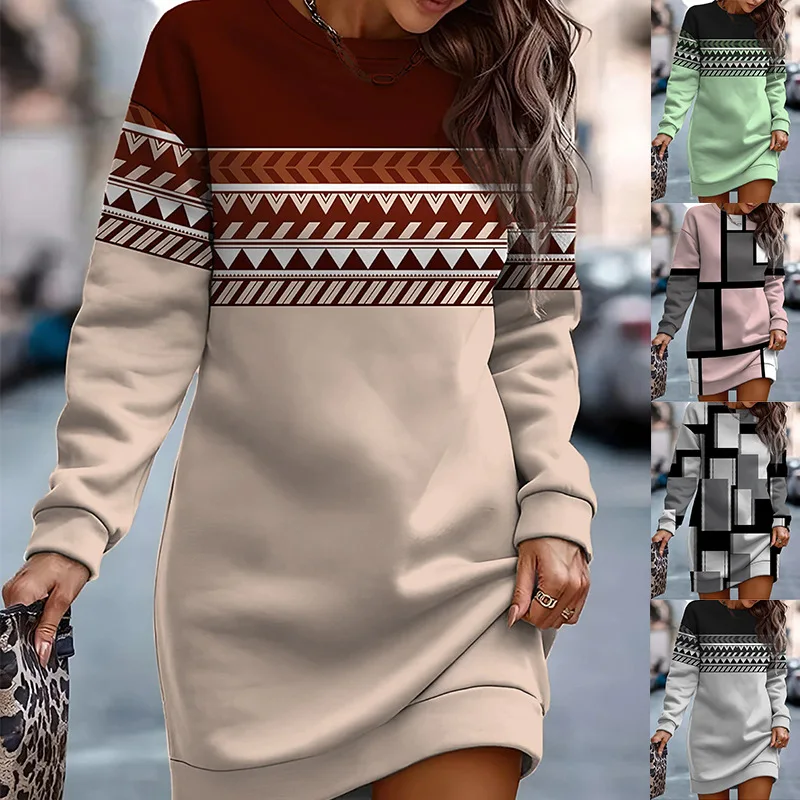 Moda za Jesen in Zimo Žensk Tiskanje Barvnih Krog Vratu Udobno Sweatshirts Obleko Priložnostne Svoboden Letnik Stranke Obleke