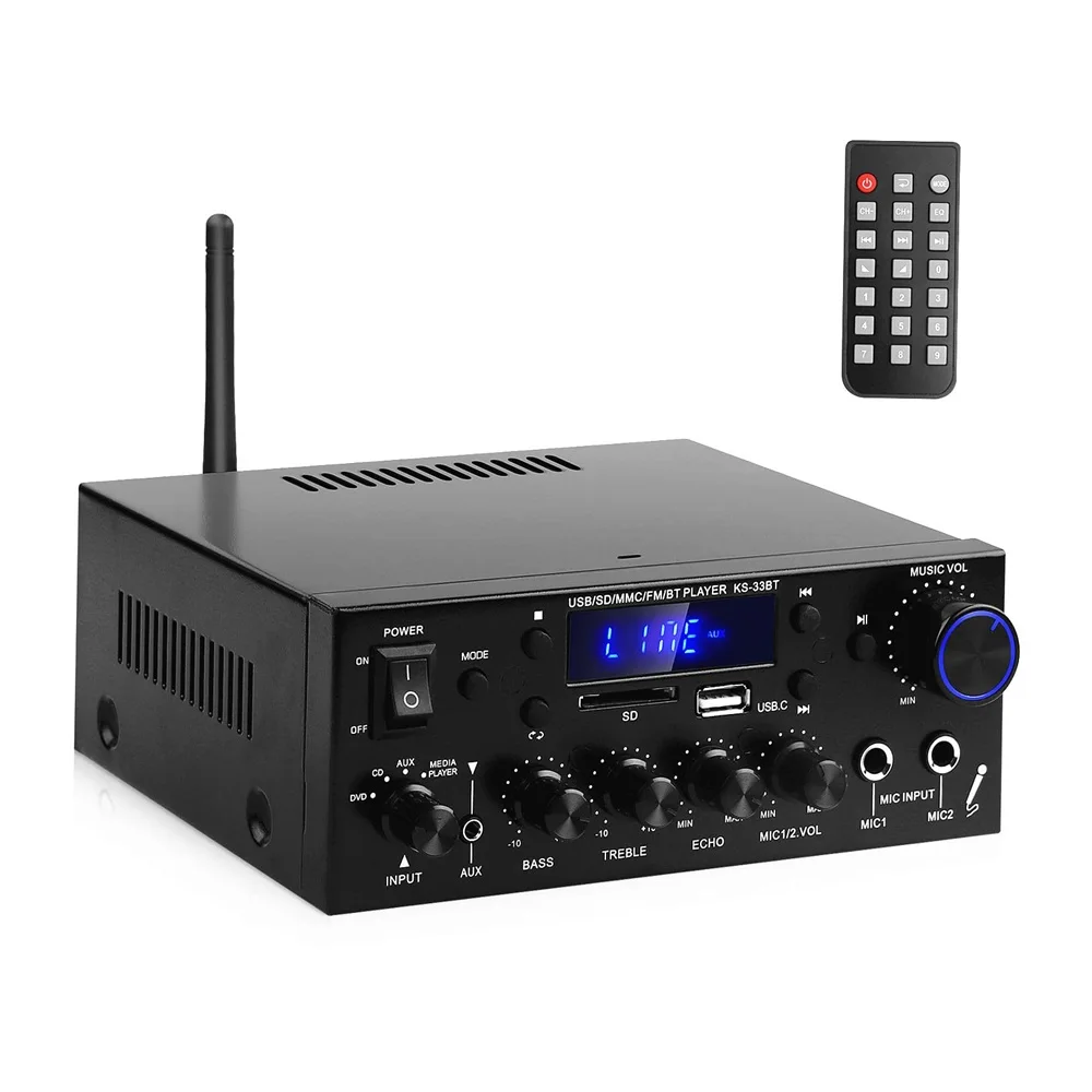 Multi-Funkcija Stereo BT5.0 HiFi FM Ojačevalnik Daljinski upravljalnik z 2 Mic vhod za Audio