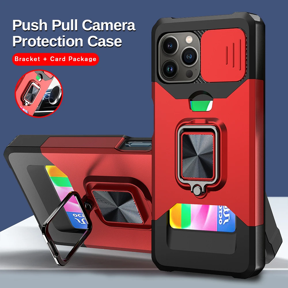 Multifunkcijski Primeru Telefon Za iPhone 14 13 12 11 Pro Max Mini Plus PushPull Fotoaparat Magnetni Zaščitnik Obroč Nosilec Kartice Paket