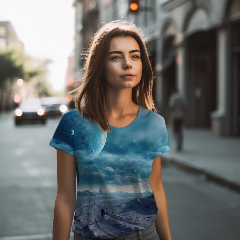 Nebo 3D Tisk T -shirt Ženski Klasičnih Krog Vratu T -shirt Street Fashion Prevelik T -shirt Poletje Nove Priložnostne T -shirt