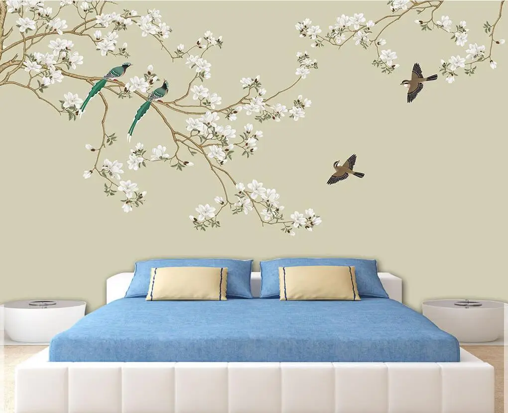 Ozadje po meri 3d photo zidana novi Kitajski magnolija pikolovski rože in ptice v ozadju stene dnevne sobe, restavracija decoratio