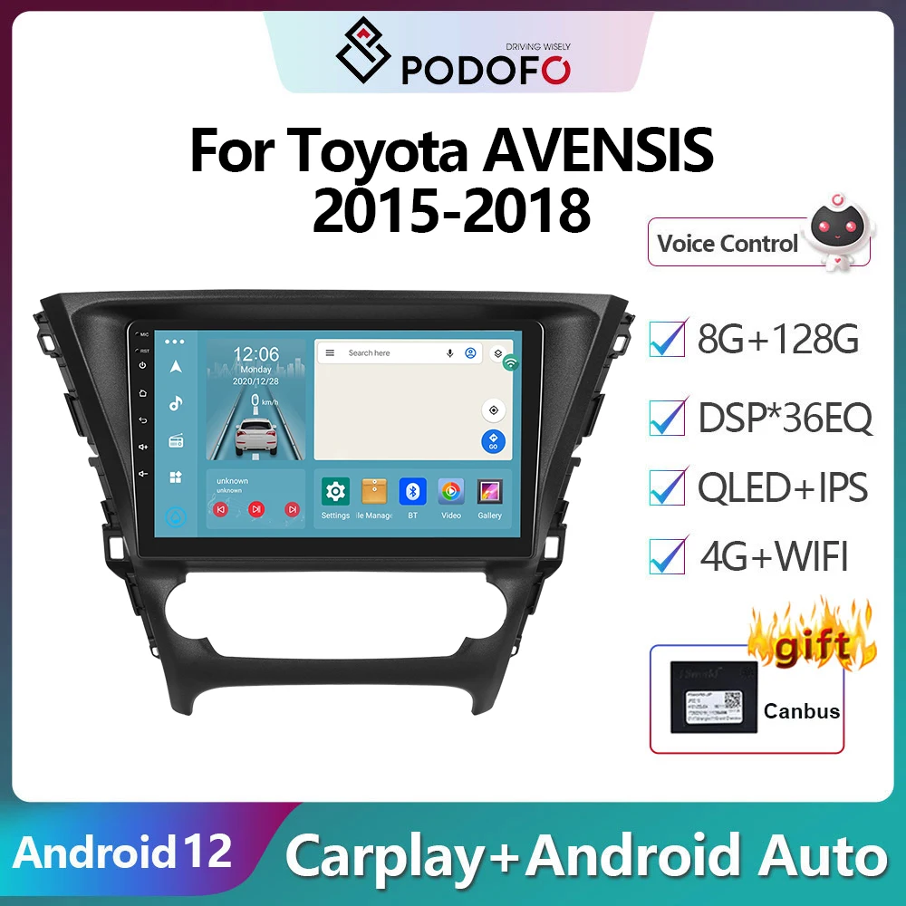 Podofo 2Din Android 12 avtoradio Multimidia Video Predvajalnik Za Toyota AVENSIS 2015-2018 GPS Navigacija 2din Carplay Auto Stereo
