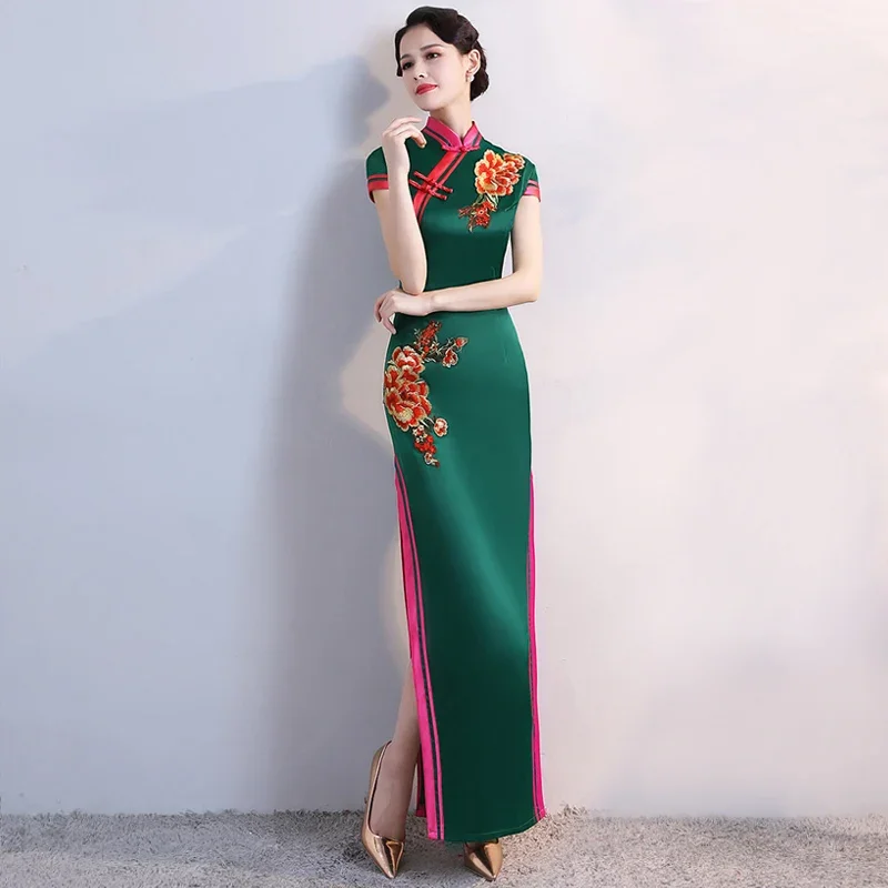 S-4XL Grren Stranka Cheongsam Letnik Kitajski Stil Pomlad Dolgo Večerno Obleko Orientalski Ženska Elegantna Qipao Vestido