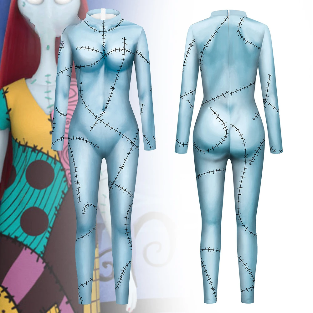 Sally Kostum Seksi Suh Jumpsuit Obrabe Onesie Nočna Mora, Cosplay Pred Božičem Ženske Elastične Bodysuits Igralne Obleke