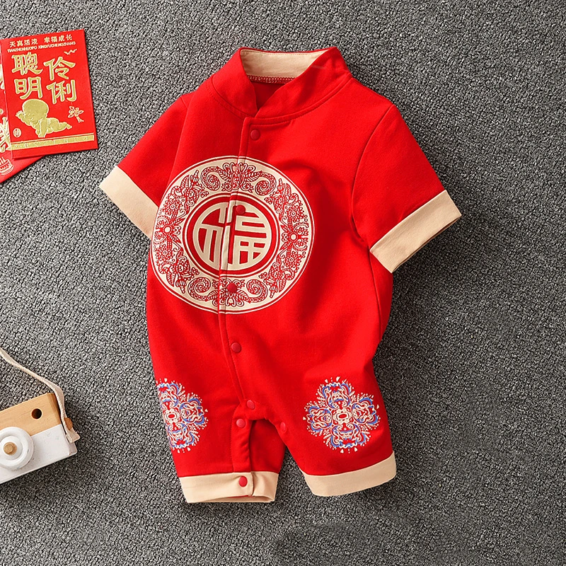 Tradicionalni Chineses Tang Obleka za Otroka Poletje Novo Kratek Rokav Romper Novo Leto Fant Rdeče Hanfu Fu Znak, Tiskanje Enega Kosa