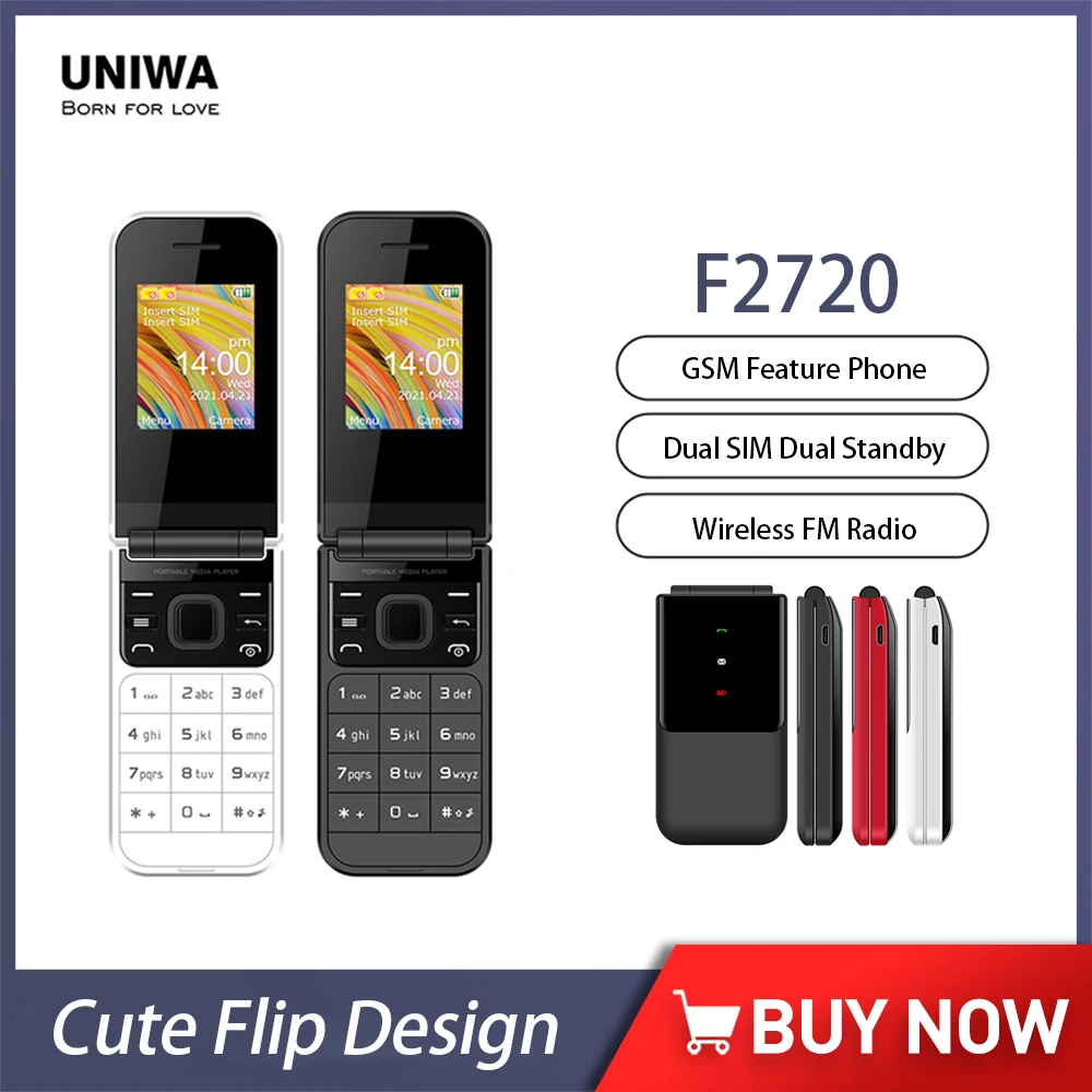 UNIWA F2720 GSM Srčkan Flip mobilni telefon Za 1,7 Palca Funkcijo Telefona z Dvojno SIM Kartica Odklenjena MINI Mobilni Telefon za Starejše Brezžični FM Radio
