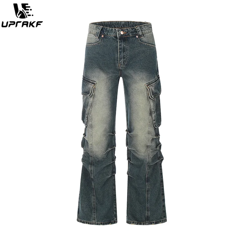 UPRAKF Strani Žepi Naguban Oprati Blue Jeans Denim Jeseni Osnovne High Street Hlače Priložnostne Pantalones Ulične Udobje