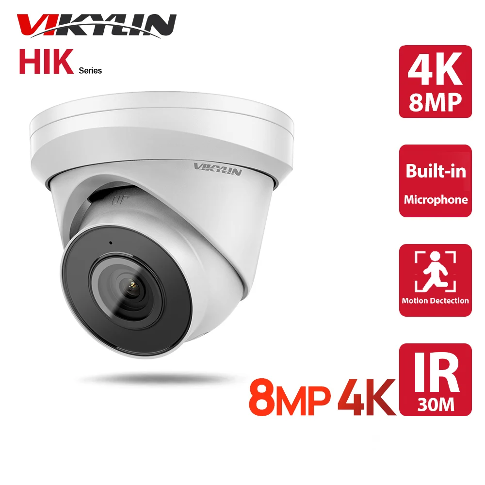 VIKYLIN CCTV 8MP 4K IP Kamero POE Kupolo H. 265+ IP67 MIC EXIR2.0 IR 30 M SD Reža za Človekove Vozilo Zazna Video Powered by Hik