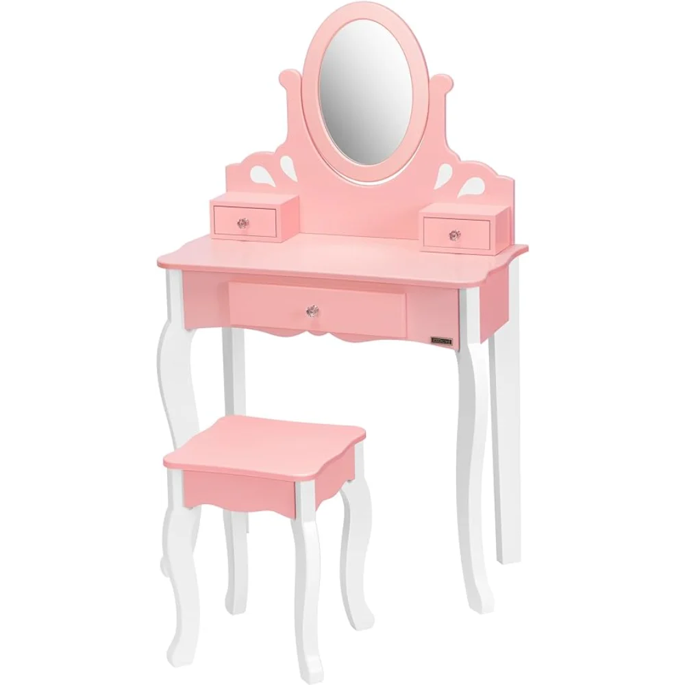 VIVOHOME Otroci Vanity Set, Princesa MDF Ličila Toaletno mizico s 360° Vrtljivim Ogledalo in Predali za Dekleta, Roza