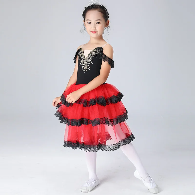 Črno Rdeča Til Balet Kostum Ženske Španski Obleko Za Odrasle Dekleta Otrok Ples Dolgo Romantični Balet Uspešnosti Kostumi