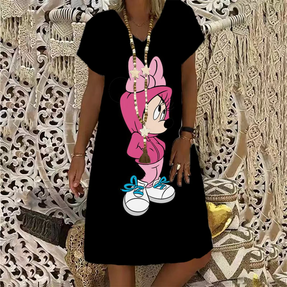 Ženske 2022 Proti-Vrat Počitnice Stranka Poletne Obleke Novo Obleko Modne Disney Minnie Mickey Mouse Tiskanih Mini Obleka XS-5XL