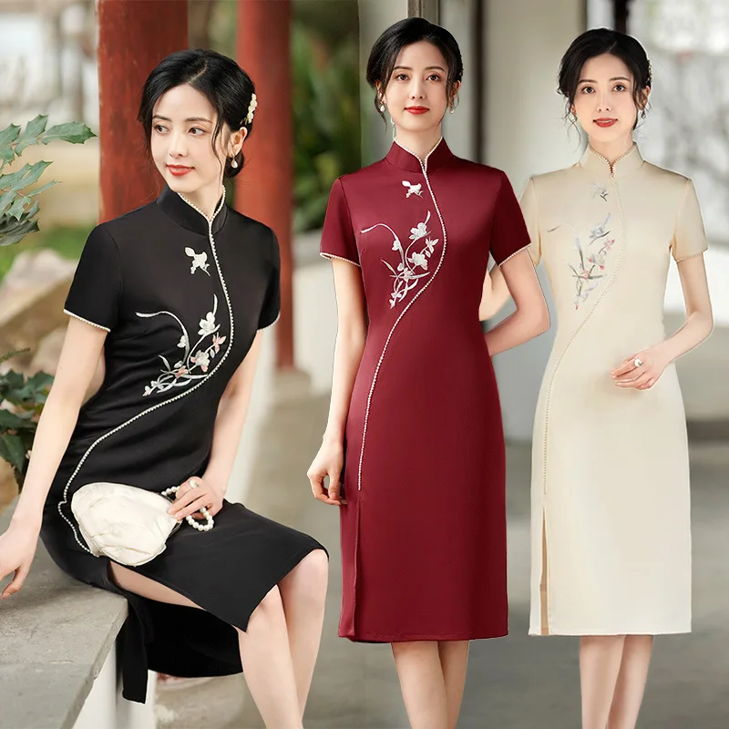 Seksi Vezenje Saten Kitajski Cheongsam Beaded Mandarin Ovratnik, Kratkimi Rokavi Poročno Obleko Kostume Formalno Obleko